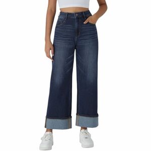 NWT Halara Flex™ High Waisted Pockets Rolled Hem Wide Leg Washed Casual Jeans